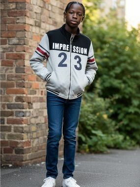 BAO ZHI XL Impressions boy’s Black and Gray Varsity Jacket with striped sleeves